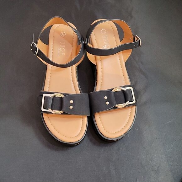 BRAND NEW ROUGE ADJUSTABLE BUCKLE DOUBLE STRAP OPEN TOE WEDGE SANDAL - Picture 3 of 16